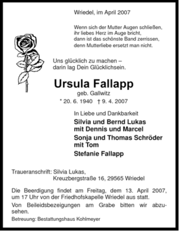 Traueranzeige von Ursula Fallapp von ALLGEMEINE ZEITUNG UELZEN