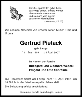 Traueranzeige von Gertrud Petack von ALLGEMEINE ZEITUNG UELZEN
