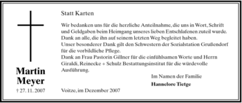 Traueranzeige von Martin Meyer von ALLGEMEINE ZEITUNG UELZEN