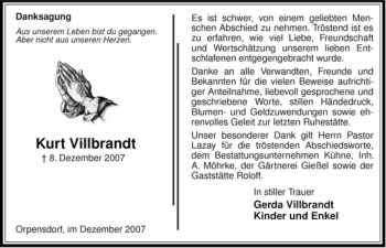 Traueranzeige von Kurt Villbrandt von ALLGEMEINE ZEITUNG UELZEN