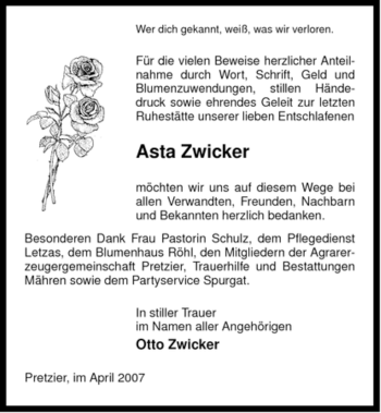 Traueranzeige von Asta Zwicker von ALLGEMEINE ZEITUNG UELZEN