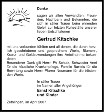 Traueranzeige von Gertrud Kitschke von ALLGEMEINE ZEITUNG UELZEN