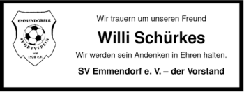 Traueranzeige von Willi Schürkes von ALLGEMEINE ZEITUNG UELZEN