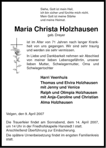 Traueranzeige von Maria Christa Holzhausen von ALLGEMEINE ZEITUNG UELZEN