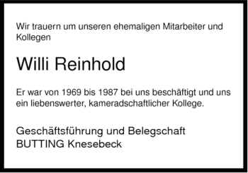 Traueranzeige von Willi Reinhold von ALLGEMEINE ZEITUNG UELZEN