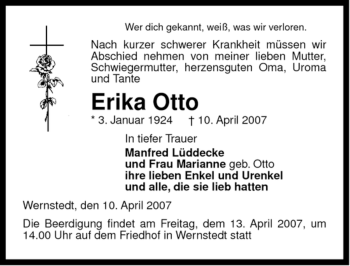 Traueranzeige von Erika Otto von ALLGEMEINE ZEITUNG UELZEN