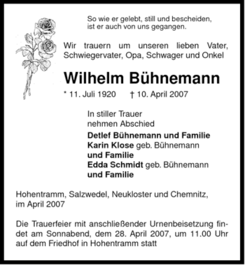 Traueranzeige von Wilhelm Bühnemann von ALLGEMEINE ZEITUNG UELZEN