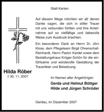 Traueranzeige von Hilda Röber von ALLGEMEINE ZEITUNG UELZEN