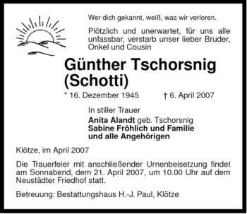 Traueranzeige von Günther Tschorsnig von ALLGEMEINE ZEITUNG UELZEN