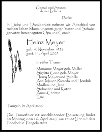 Traueranzeige von Heinz Meyer von ALLGEMEINE ZEITUNG UELZEN