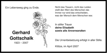 Traueranzeige von Gerhard Gottschalk von ALLGEMEINE ZEITUNG UELZEN
