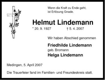 Traueranzeige von Helmut Lindemann von ALLGEMEINE ZEITUNG UELZEN