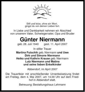 Traueranzeige von Günter Niermann von ALLGEMEINE ZEITUNG UELZEN