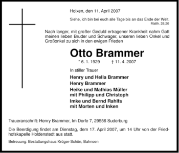 Traueranzeige von Otto Brammer von ALLGEMEINE ZEITUNG UELZEN