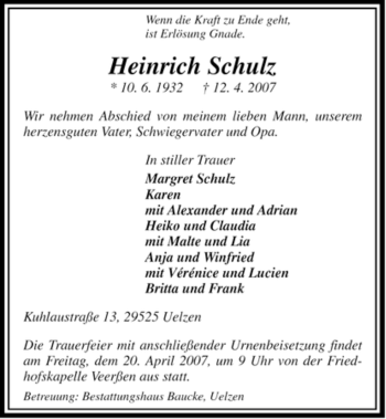 Traueranzeige von Heinrich Schulz von ALLGEMEINE ZEITUNG UELZEN