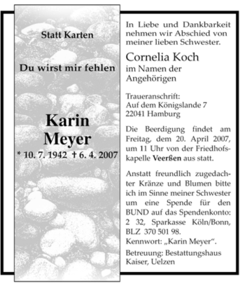 Traueranzeige von Karin Meyer von ALLGEMEINE ZEITUNG UELZEN