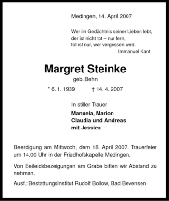 Traueranzeige von Margret Steinke von ALLGEMEINE ZEITUNG UELZEN