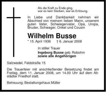 Traueranzeige von Wilhelm Busse von ALLGEMEINE ZEITUNG UELZEN