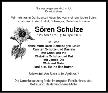 Traueranzeige von Sören Schulze von ALLGEMEINE ZEITUNG UELZEN