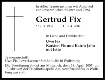 Traueranzeige von Gertrud Fix von ALLGEMEINE ZEITUNG UELZEN