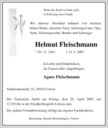 Traueranzeige von Helmut Fleischmann von ALLGEMEINE ZEITUNG UELZEN
