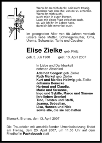 Traueranzeige von Elise Zielke von ALLGEMEINE ZEITUNG UELZEN