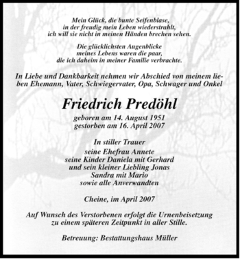 Traueranzeige von Friedrich Predöhl von ALLGEMEINE ZEITUNG UELZEN