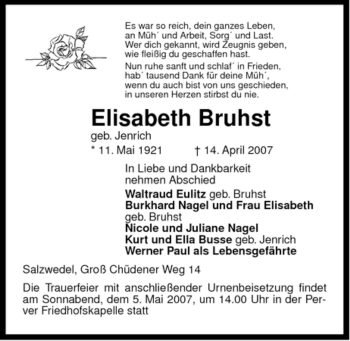 Traueranzeige von Elisabeth Bruhst von ALLGEMEINE ZEITUNG UELZEN