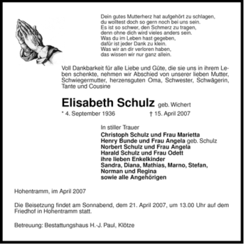 Traueranzeige von Elisabeth Schulz von ALLGEMEINE ZEITUNG UELZEN