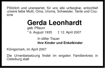 Traueranzeige von Gerda Leonhardt von ALLGEMEINE ZEITUNG UELZEN