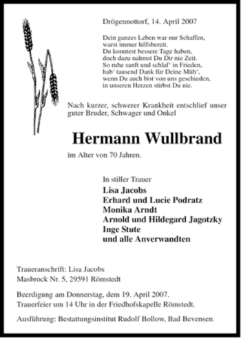 Traueranzeige von Hermann Wullbrand von ALLGEMEINE ZEITUNG UELZEN