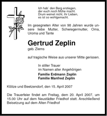 Traueranzeige von Gertrud Zeplin von ALLGEMEINE ZEITUNG UELZEN