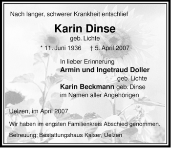 Traueranzeige von Karin Dinse von ALLGEMEINE ZEITUNG UELZEN