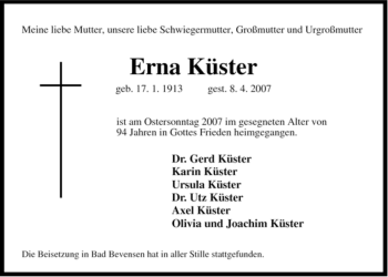 Traueranzeige von Erna Küster von ALLGEMEINE ZEITUNG UELZEN