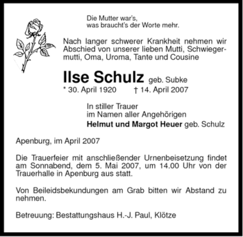 Traueranzeige von Ilse Schulz von ALLGEMEINE ZEITUNG UELZEN