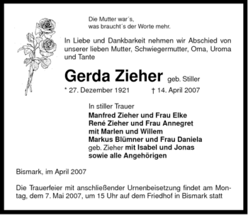 Traueranzeige von Gerda Zieher von ALLGEMEINE ZEITUNG UELZEN