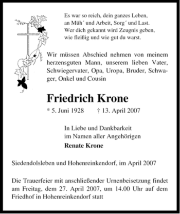 Traueranzeige von Friedrich Krone von ALLGEMEINE ZEITUNG UELZEN