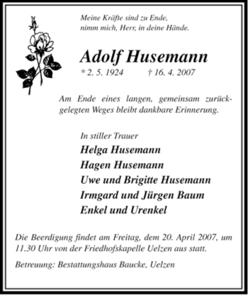 Traueranzeige von Adolf Husemann von ALLGEMEINE ZEITUNG UELZEN