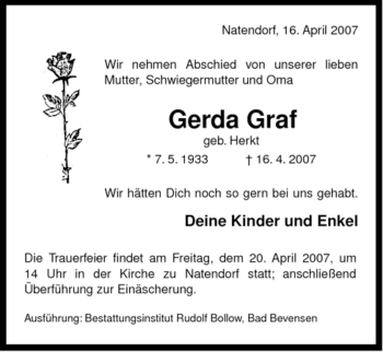 Traueranzeige von Gerda Graf von ALLGEMEINE ZEITUNG UELZEN