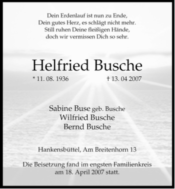 Traueranzeige von Helfried Busche von ALLGEMEINE ZEITUNG UELZEN