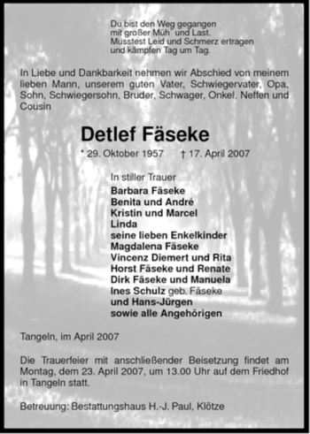 Traueranzeige von Detlef Fäseke von ALLGEMEINE ZEITUNG UELZEN