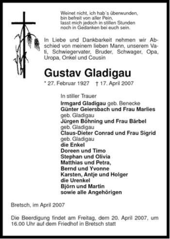 Traueranzeige von Gustav Gladigau von ALLGEMEINE ZEITUNG UELZEN