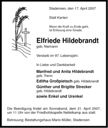 Traueranzeige von Elfriede Hildebrandt von ALLGEMEINE ZEITUNG UELZEN