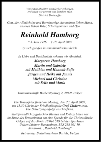 Traueranzeige von Reinhold Hamborg von ALLGEMEINE ZEITUNG UELZEN