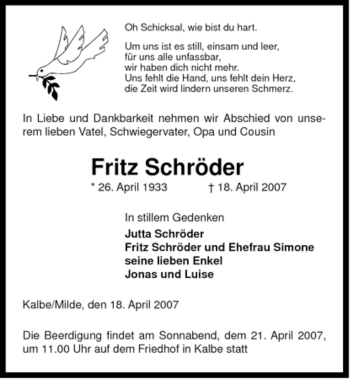 Traueranzeige von Fritz Schröder von ALLGEMEINE ZEITUNG UELZEN