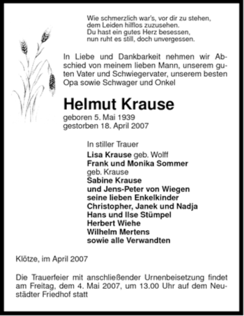 Traueranzeige von Helmut Krause von ALLGEMEINE ZEITUNG UELZEN