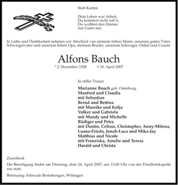 Traueranzeige von Alfons Bauch von ALLGEMEINE ZEITUNG UELZEN
