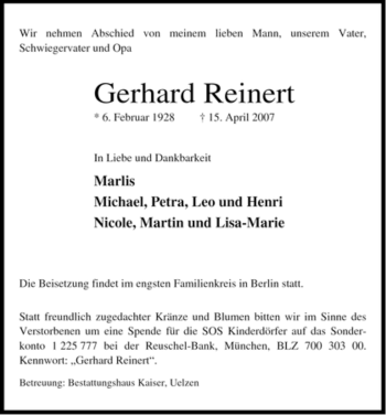 Traueranzeige von Gerhard Reinert von ALLGEMEINE ZEITUNG UELZEN