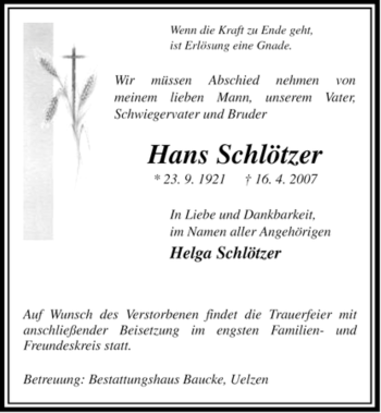 Traueranzeige von Hans Schlötzer von ALLGEMEINE ZEITUNG UELZEN