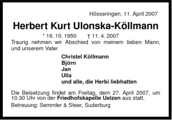Traueranzeige von Herbert Kurt Ulonska-Köllmann von ALLGEMEINE ZEITUNG UELZEN